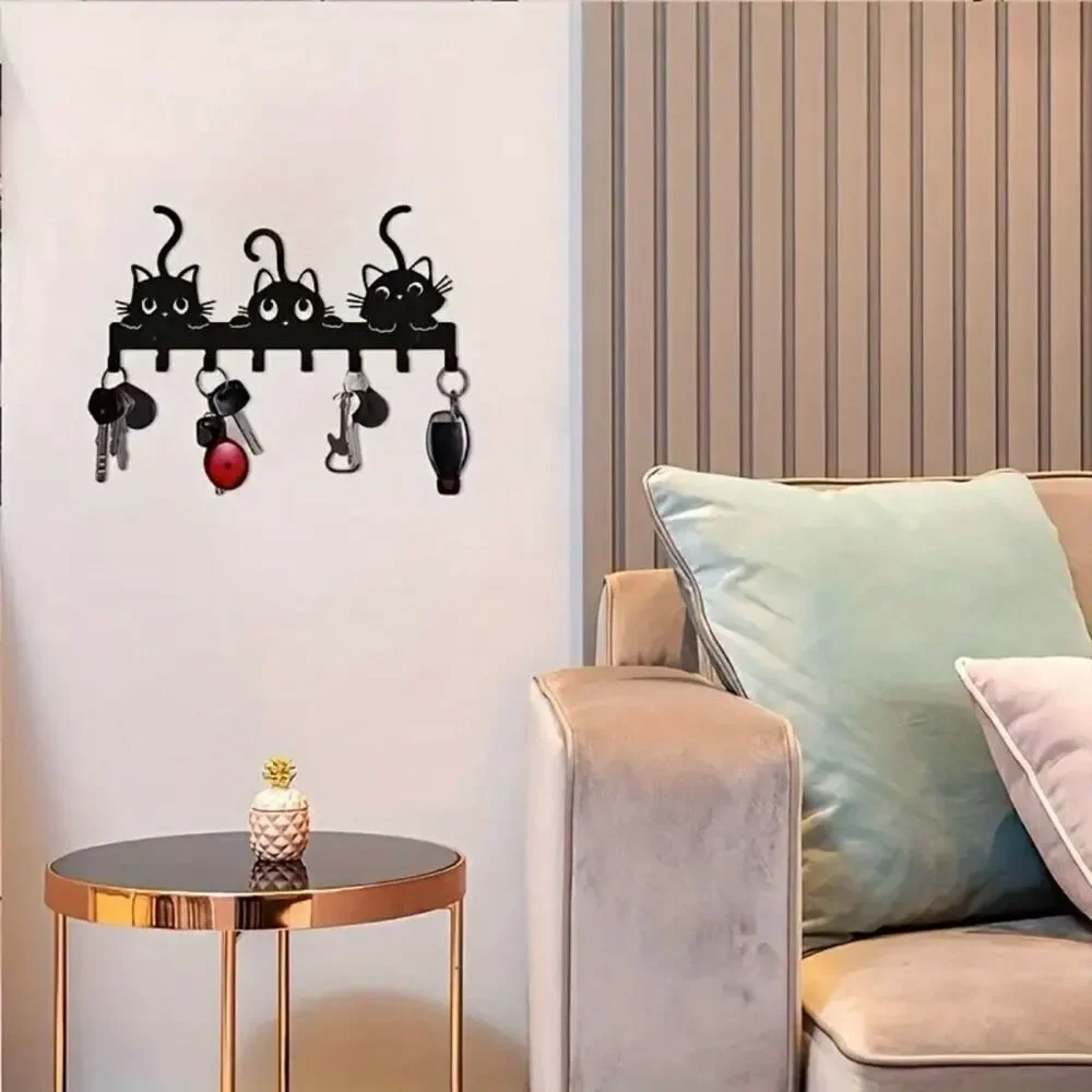 NWT Gorgeous 3 Black Cats Design Metalic 8 Hooks Wall Mount Key Holder Organizer